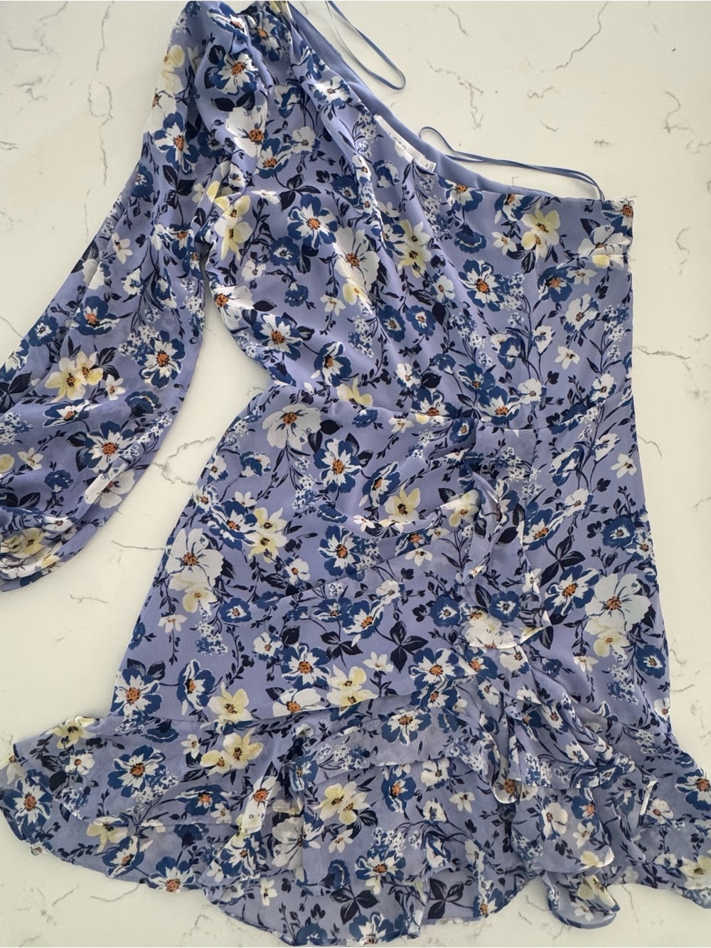 ASTR The Label Floral One Shoulder Mini Dress M Blue Ruffle Hem Party - Picture 5 of 10